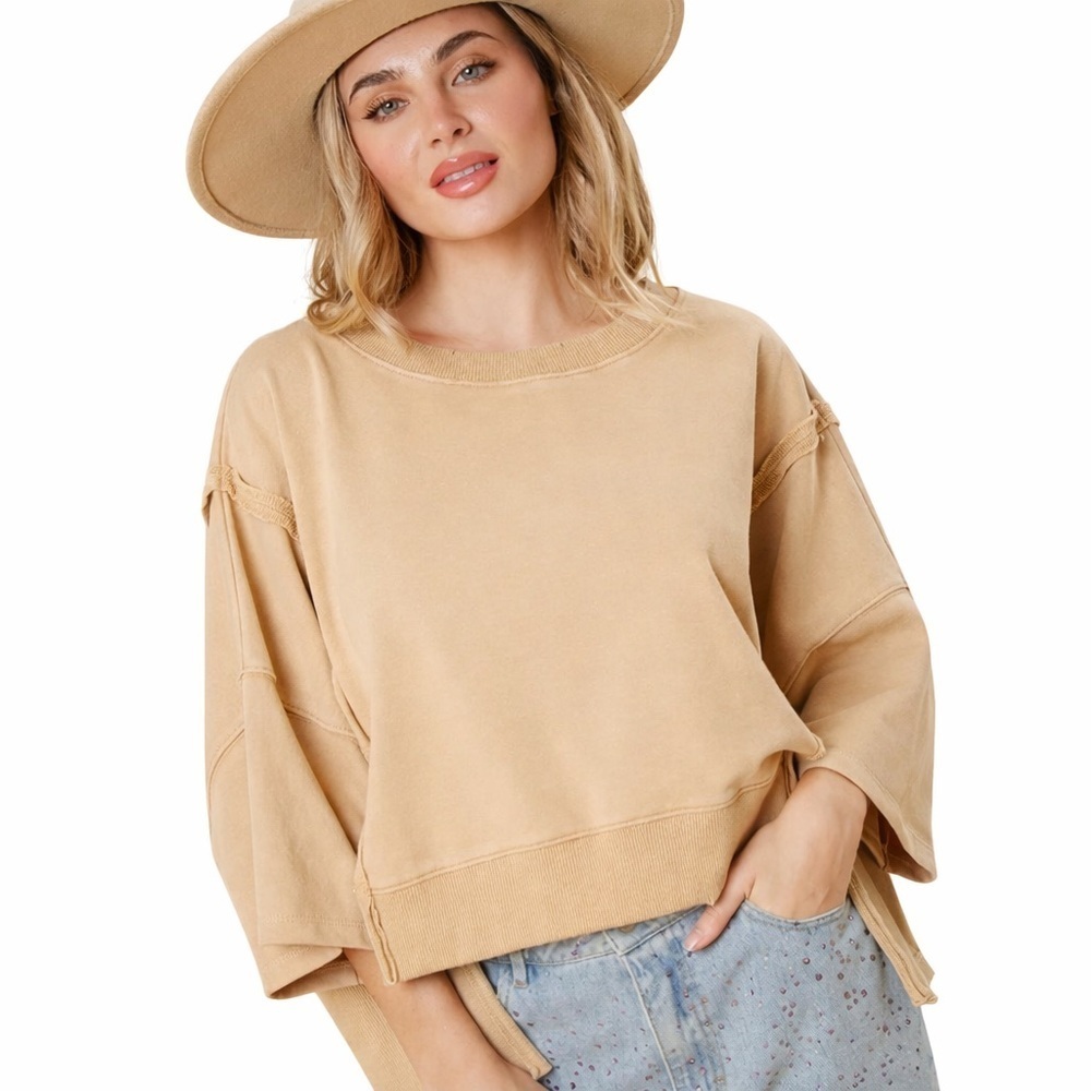 Peach Love Beige Washed Crop Sweatshirt Short Sleeve Size Large NWT
